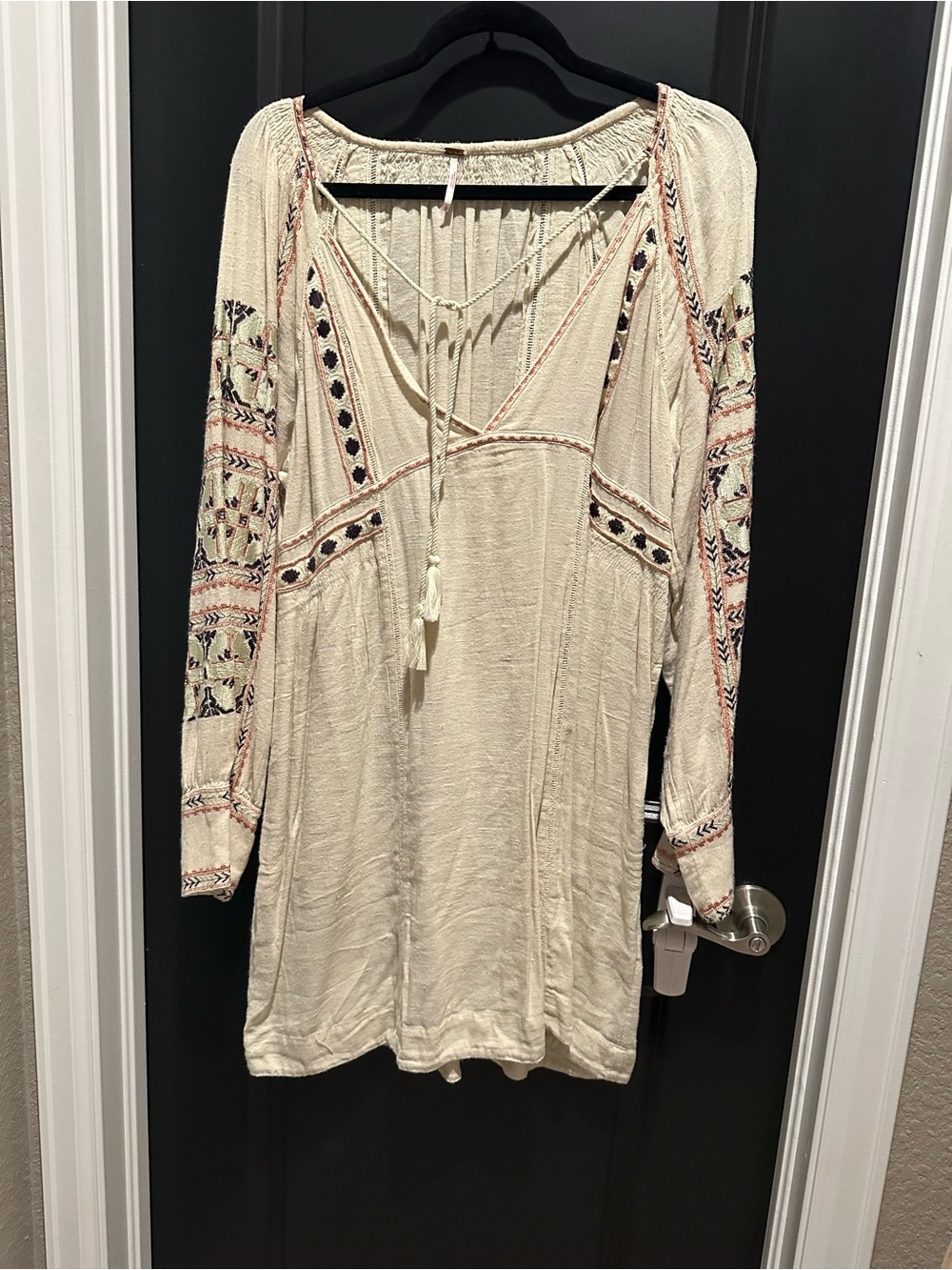Free People Cream Mini Dress with Pink & Navy Embroidery